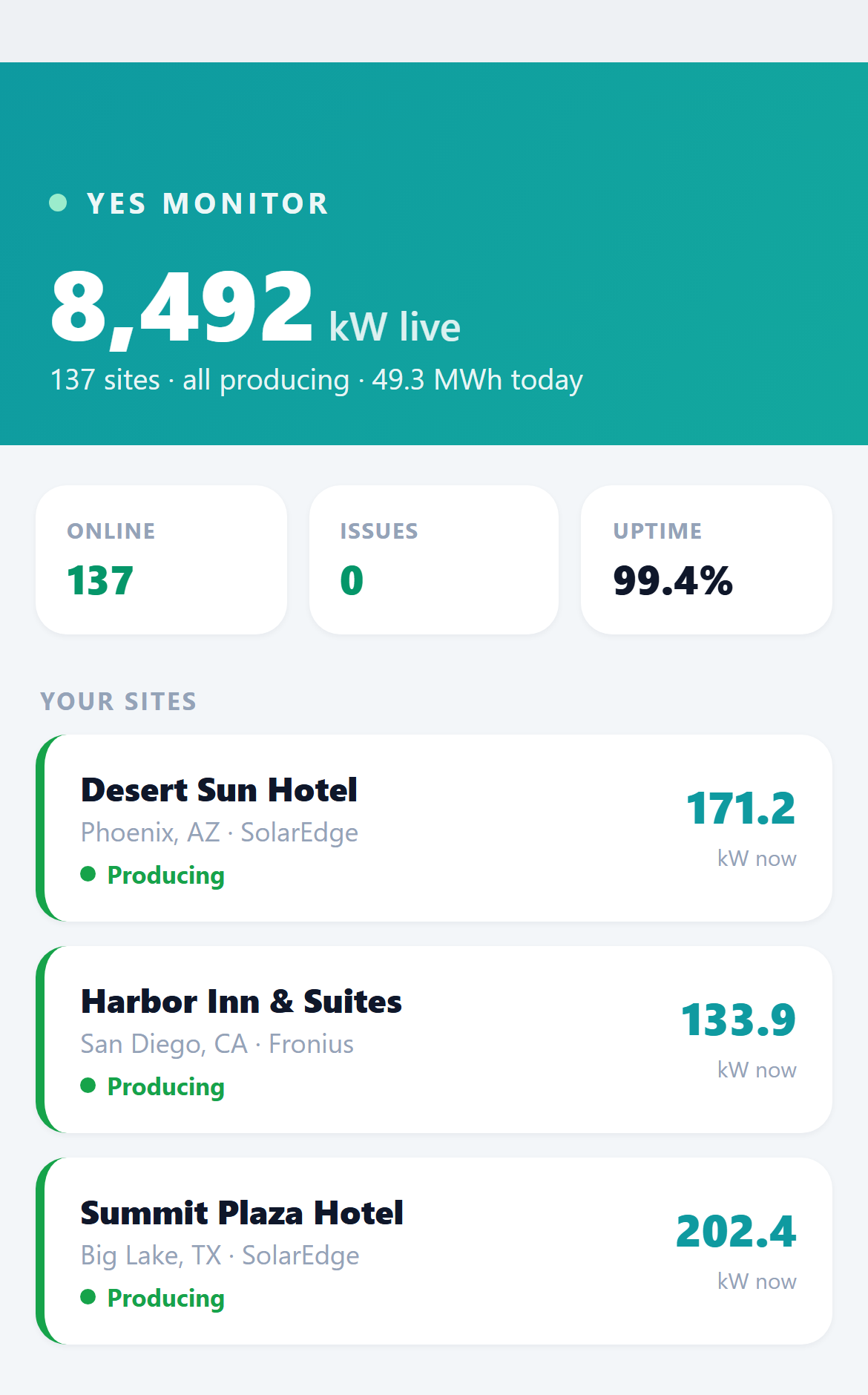 YES Monitor mobile app — the whole fleet in your pocket